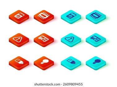 Set Battery charge level indicator, Light bulb with concept of idea, Exclamation mark triangle, Electrical measuring instruments, Processor microcircuits CPU and Multimeter icon. Vector