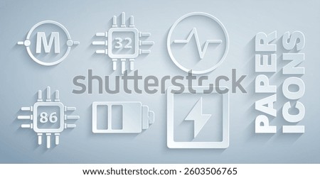 Set Battery charge level indicator, Electric circuit scheme, Processor with microcircuits CPU, Lightning bolt,  and  icon. Vector