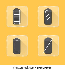 Set of battery charge level indicators silhouettes with long shadow in flat style on transparent button. Energy load colorful symbols isolated.