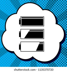 Set of battery charge level indicators. Vector. Black icon in bubble on blue pop-art background with rays.