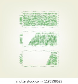Set of battery charge level indicators. Vector. Green hexagon rastered icon and noised opacity and size at light green background with central light.