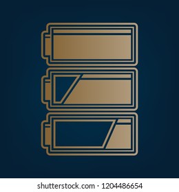Set of battery charge level indicators. Vector. Golden icon and border at dark cyan background.