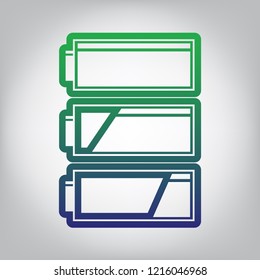 Set of battery charge level indicators. Vector. Green to blue gradient contour icon at grayish background with light in center.