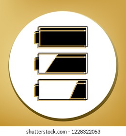 Set of battery charge level indicators. Vector. Black icon with light brown shadow in white circle with shaped ring at golden background.