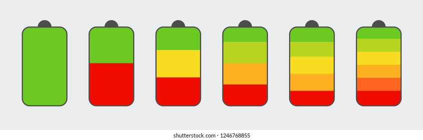 Set of battery charge level indicators. Vertical level indicator battery charge. Indicators concept. Eps10