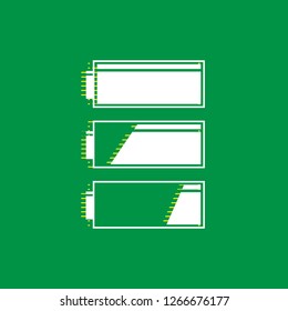 Set of battery charge level indicators. Vector. White flat icon with yellow striped shadow at green background.