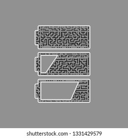 Set of battery charge level indicators. Vector. Black maze filled icon with white border at gray background.
