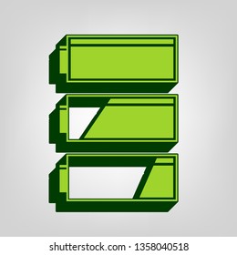 Set of battery charge level indicators. Vector. Yellow green solid icon with dark green external body at light colored background.