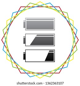 Set of battery charge level indicators. Vector. Black icon with patch of light inside colorful hexagonal frames at white background.