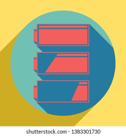 Set of battery charge level indicators. Sunset orange icon with llapis lazuli shadow inside medium aquamarine circle with different goldenrod shadow at royal yellow background.