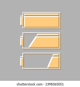 Set of battery charge level indicators. Emboss effect with light orange icon on gray background.