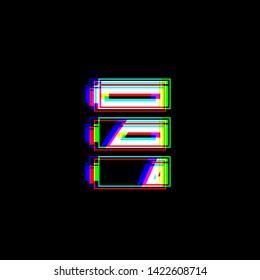 Set of battery charge level indicators. Red, green and blue unfocused contour icon at black background. Illustration.