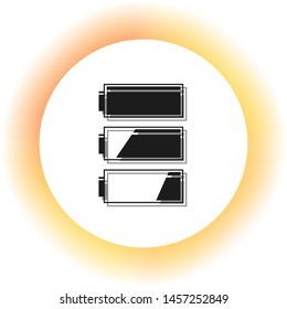 Set of battery charge level indicators. Dark icon with shadow on the glowing circle button. Illustration.