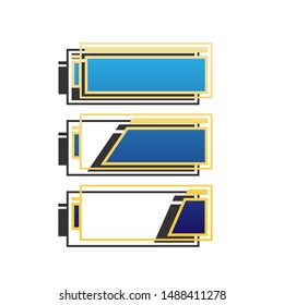Set of battery charge level indicators. Blue icon with gold contour with dark gray shadow at white background. Illustration.