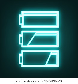 Set of battery charge level indicators. Cyan neon icon in the dark. Bluring. Luminescence. Illustration.