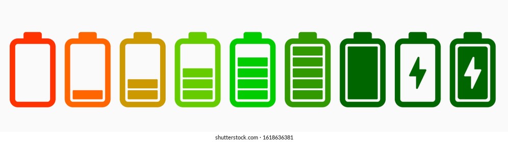 Set of battery charge level indicators vector illustration. Accumulator alkaline charger symbol. Rechargeable concept. Full and empty battery discharge and charge.