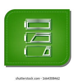 Set of battery charge level indicators. Silver gradient line icon with dark green shadow at ecological patched green leaf. Illustration.