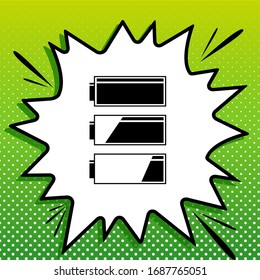 Set of battery charge level indicators. Black Icon on white popart Splash at green background with white spots. Illustration.