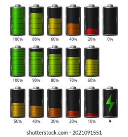 Set of battery charge level indicators. Objects are isolated on white background. Vector illustration.