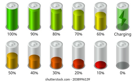 Set of battery charge level indicators in isometric view. Objects are isolated on a white background. Battery charge. Vector illustration.