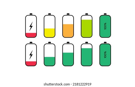 Set of battery charge level indicators, Battery colourful icon, Charging energy icon