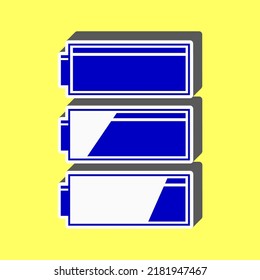 Set of battery charge level indicators. Blue Icon with white stroke in 3d at yellow Background. Illustration.