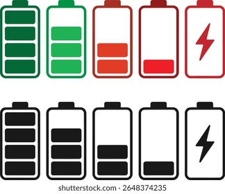 Set of battery charge level indicators in green orange and red colors and black icons