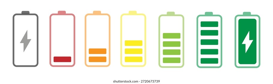 Conjunto de indicadores de nível de carga da bateria. Energia e conceito de potência.