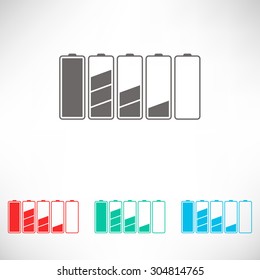 Set of battery charge level indicators. Set of varicolored icons.
