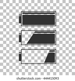 Set of battery charge level indicators. Dark gray icon on transparent background.