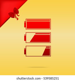 Set of battery charge level indicators. Cristmas design red icon on gold background.