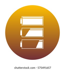 Set of battery charge level indicators. White icon in circle with golden gradient as background. Isolated.
