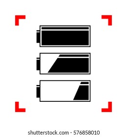 Set of battery charge level indicators. Black icon in focus corners on white background. Isolated.
