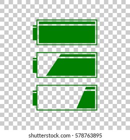 Set of battery charge level indicators. Dark green icon on transparent background.