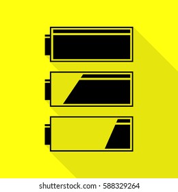 Set of battery charge level indicators. Black icon with flat style shadow path on yellow background.