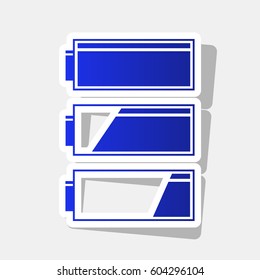 Set of battery charge level indicators. Vector. New year bluish icon with outside stroke and gray shadow on light gray background.