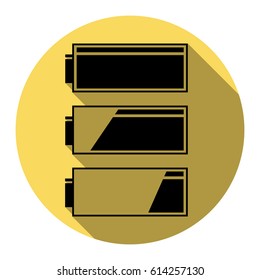 Set of battery charge level indicators. Vector. Flat black icon with flat shadow on royal yellow circle with white background. Isolated.