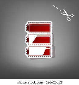Set of battery charge level indicators. Vector. Red icon with for applique from paper with shadow on gray background with scissors.