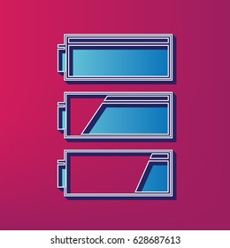 Set of battery charge level indicators. Vector. Blue 3d printed icon on magenta background.