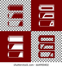 Set of battery charge level indicators. Vector. Bordo and white icons and line icons on chess board with transparent background.