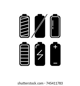 Set of battery charge level indicators silhouettes in flat style. Energy load colorful symbols isolated on white background.