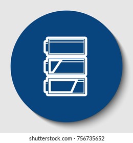 Set of battery charge level indicators. Vector. White contour icon in dark cerulean circle at white background. Isolated.