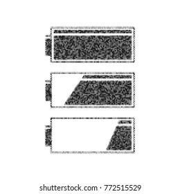 Set of battery charge level indicators. Vector. Black icon from many ovelapping circles with random opacity on white background. Noisy. Isolated.