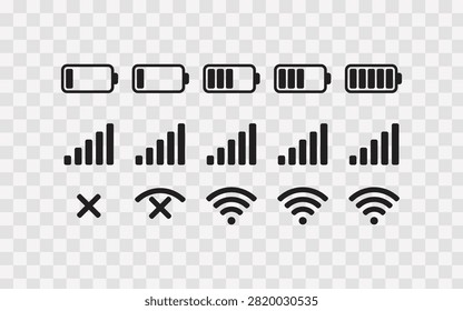 Set of battery charge levels, signal strength bars, and wireless network connection icons