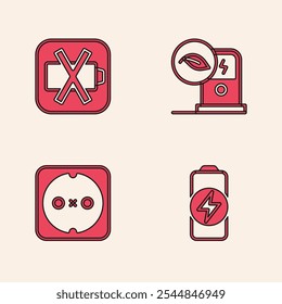 Set Battery charge, Low battery, Electric car charging station and Electrical outlet icon. Vector