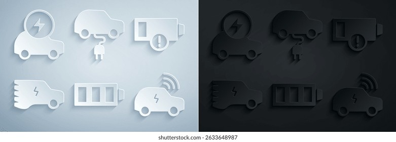 Set Batterieladung, niedrige Batterie, Elektroauto, Intelligentes System und Symbol. Vektorgrafik