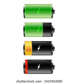 Set of battery charge status. Full charge energy for mobile phone. Accumulator indicator vector icon of power level.