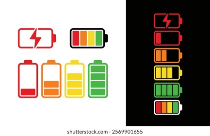 Set of Battery Charging Icon Vector Template. Battery Charge Indicator Clip Art from Empty Low to Full Complete. Accumulator Energy Level Illustration Collection.