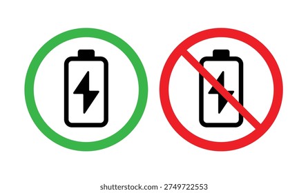 Set of battery charging icons showing allowed charging and prohibited charging symbols. Ideal for power status indicators, device battery restrictions, electrical safety signage, and technology user interface icons.