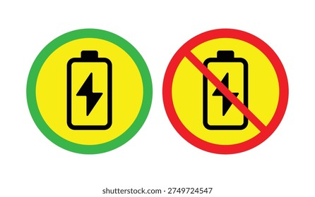 Set of battery charging icons showing allowed charging and prohibited charging symbols with green and red circles. Ideal for electrical safety signage, power status indicators, battery charging permission signs, and technology UI elements.